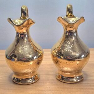 Vintage Gold Painted Ceramic Pitcher Set of Two Mid Century‎ Modern Embossed